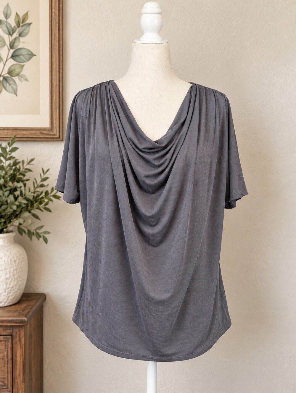 Green Envelope Los Angeles Gray Cowl Neck Draped Top Size Large Made in USA